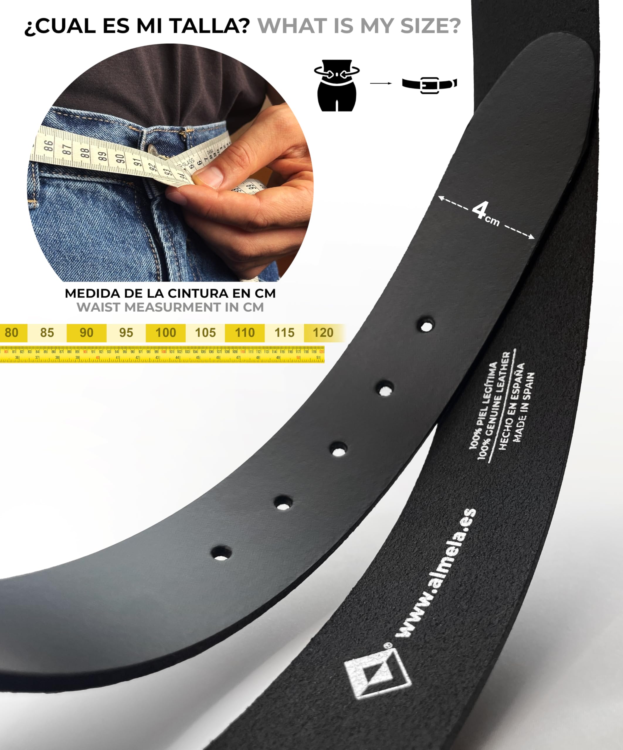 almela Cinturón mujer piel legítima - 4 cm de ancho - Casual informal - 40mm - Correa cuero - Hebilla plata antigua antialérgica - Cinto - Women leather belt
