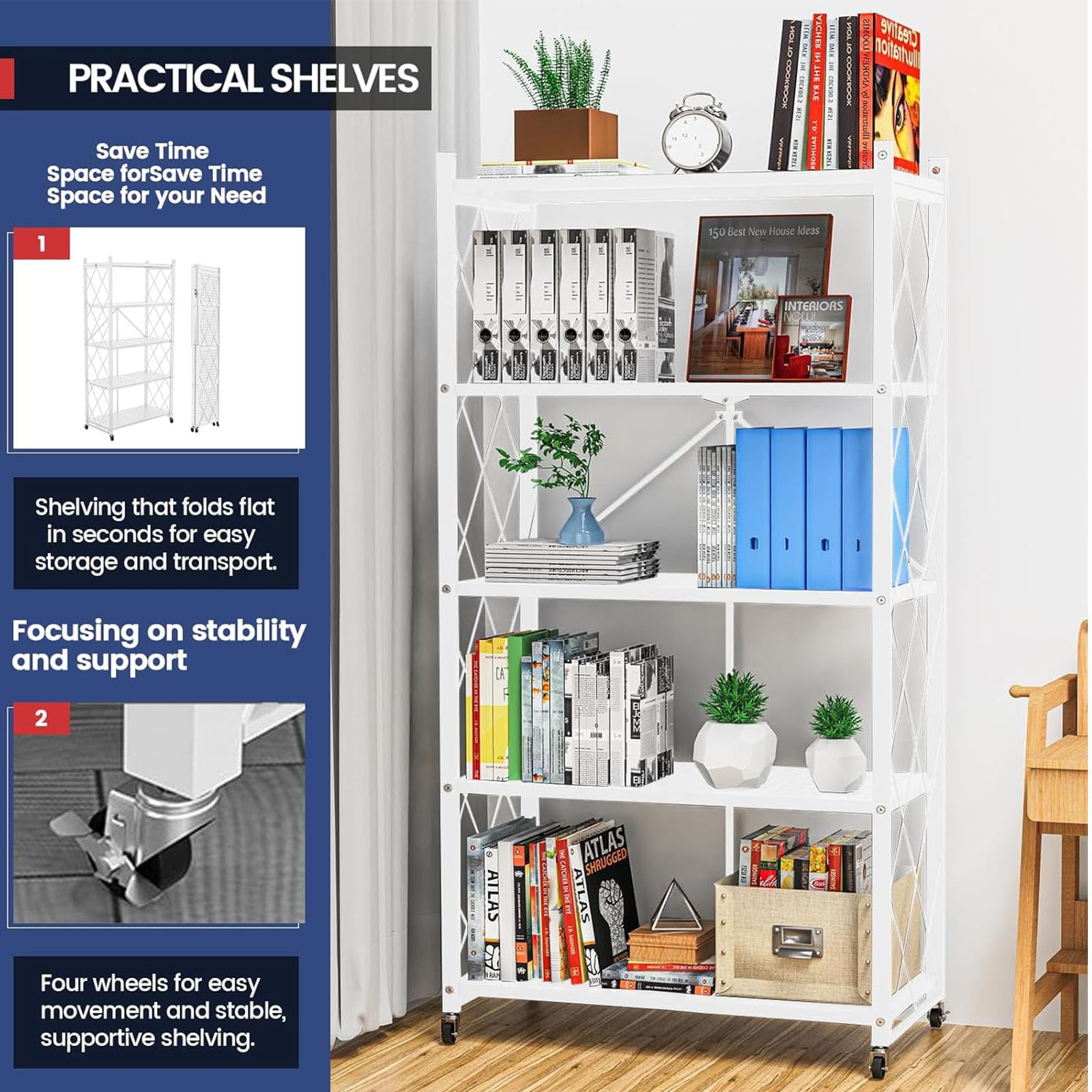 5-Niveaux Étagère de Stockage Pliable en Métal avec Roues, 28,15" W x 15,55" D x 62,60" H, Capacité de Chargement de 950 lbs, Etagère de L'assemblage sans Service(Blanc, 5-Niveaux)