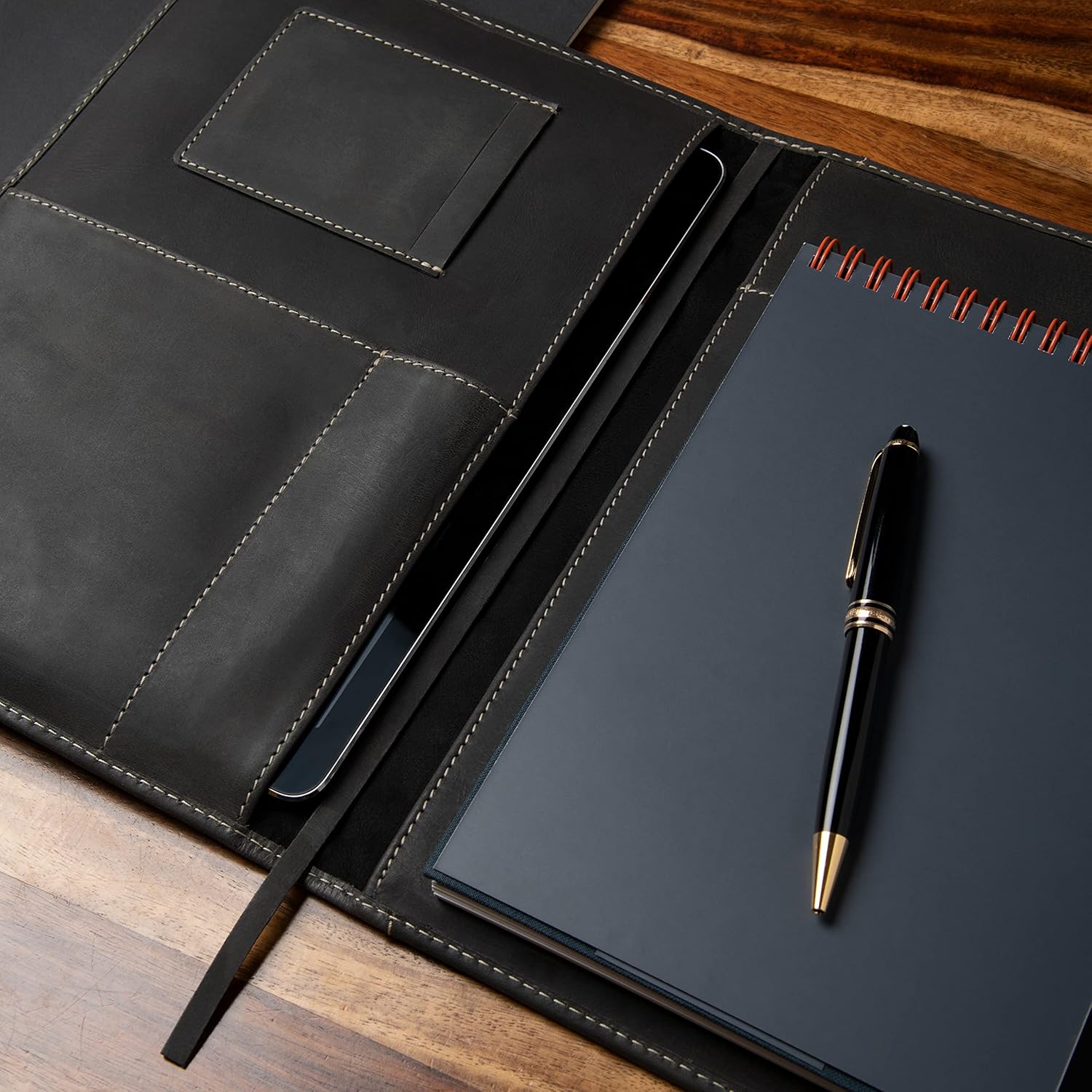 Theodore Vintage Black Leather Notebook Cover 7.8 x 10.8 Inch with Journal- Padfolio for Tablet, Phone, Notebook, Business Cards, Pen & Phone Pockets - Notebook Included.