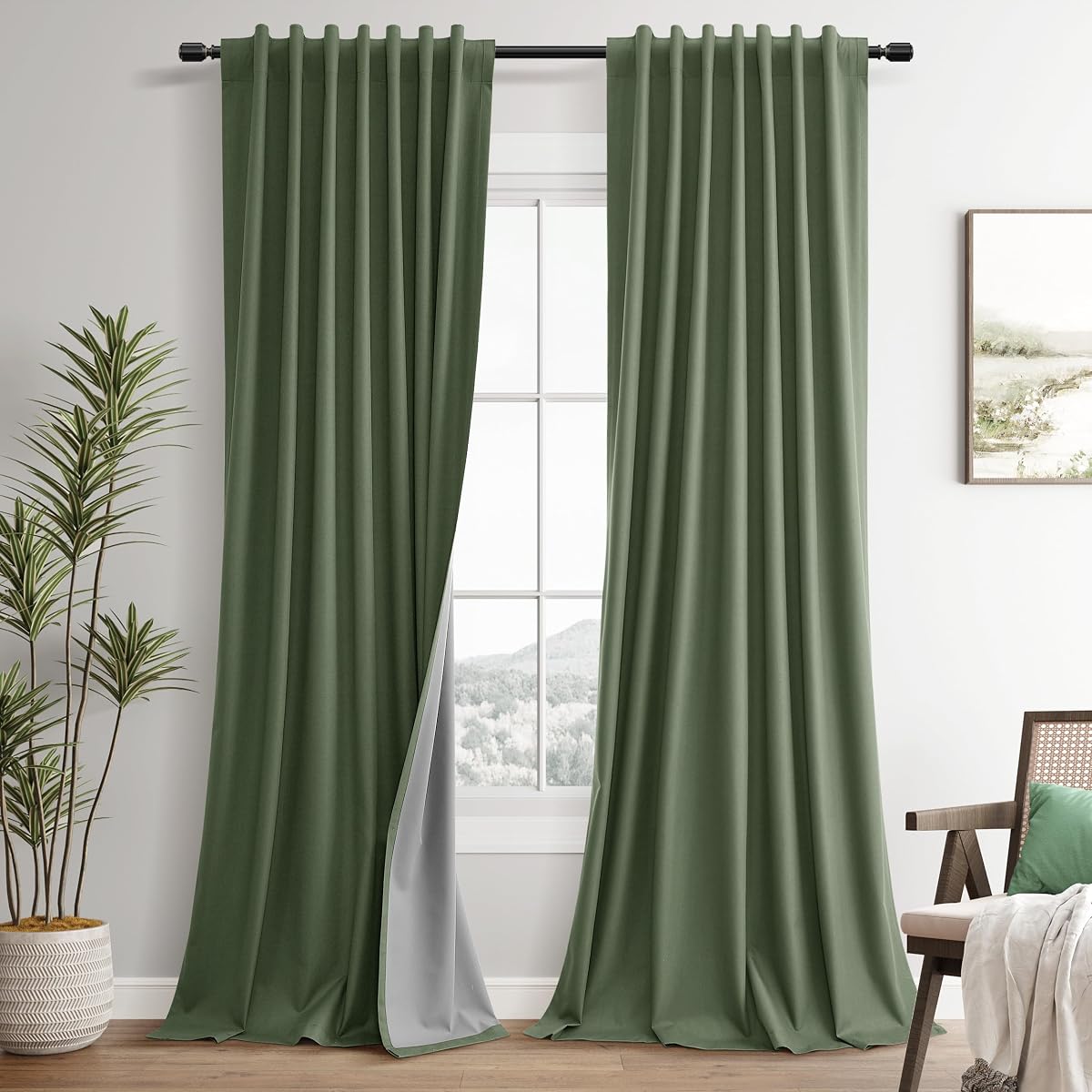 100% Blackout Olive Green Linen Curtains 84 Inch Length for Bedroom Black Out Light Blocking Curtain Thermal Insulated Room Darkening Window Drapes for Living Room Nursery 2 Panels Set 52x84 7ft