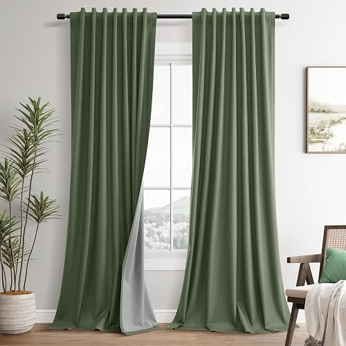 100% Blackout Olive Green Linen Curtains 84 Inch Length for