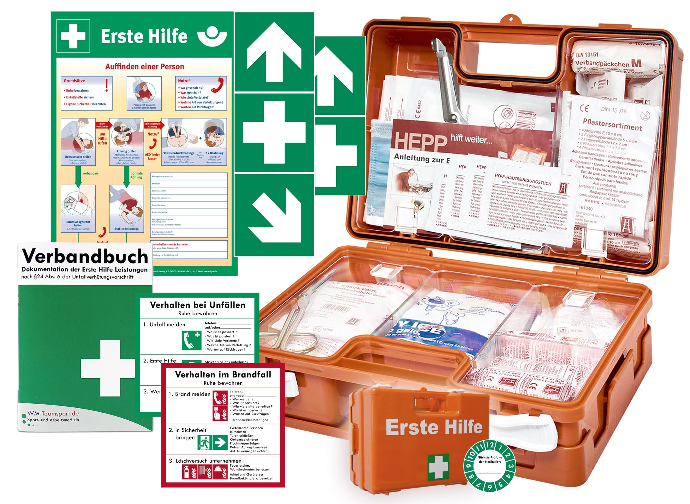 Erste-Hilfe-Koffer BG -Komplettpaket- für Gewerbe mit aktueller DIN/EN 13157 - Kleiner Betriebsverbandkasten von WM-Teamsport - inkl. Aushang & 1. Hilfe Aufklebern HE