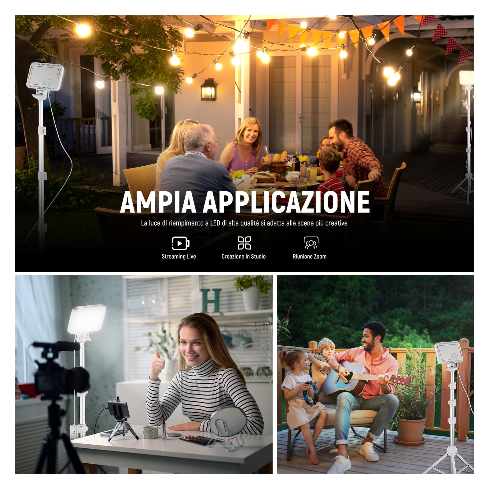 NEEWER BASICS Kit Luce Video a Pannello LED, 2pz Luci Fotografiche da Studio Portatile Dimmerabile Bicolore con Stativo e Filtro, 3200K-5600K CRI 95 750lux per Foto Video Streaming Live, Bianco, BP66