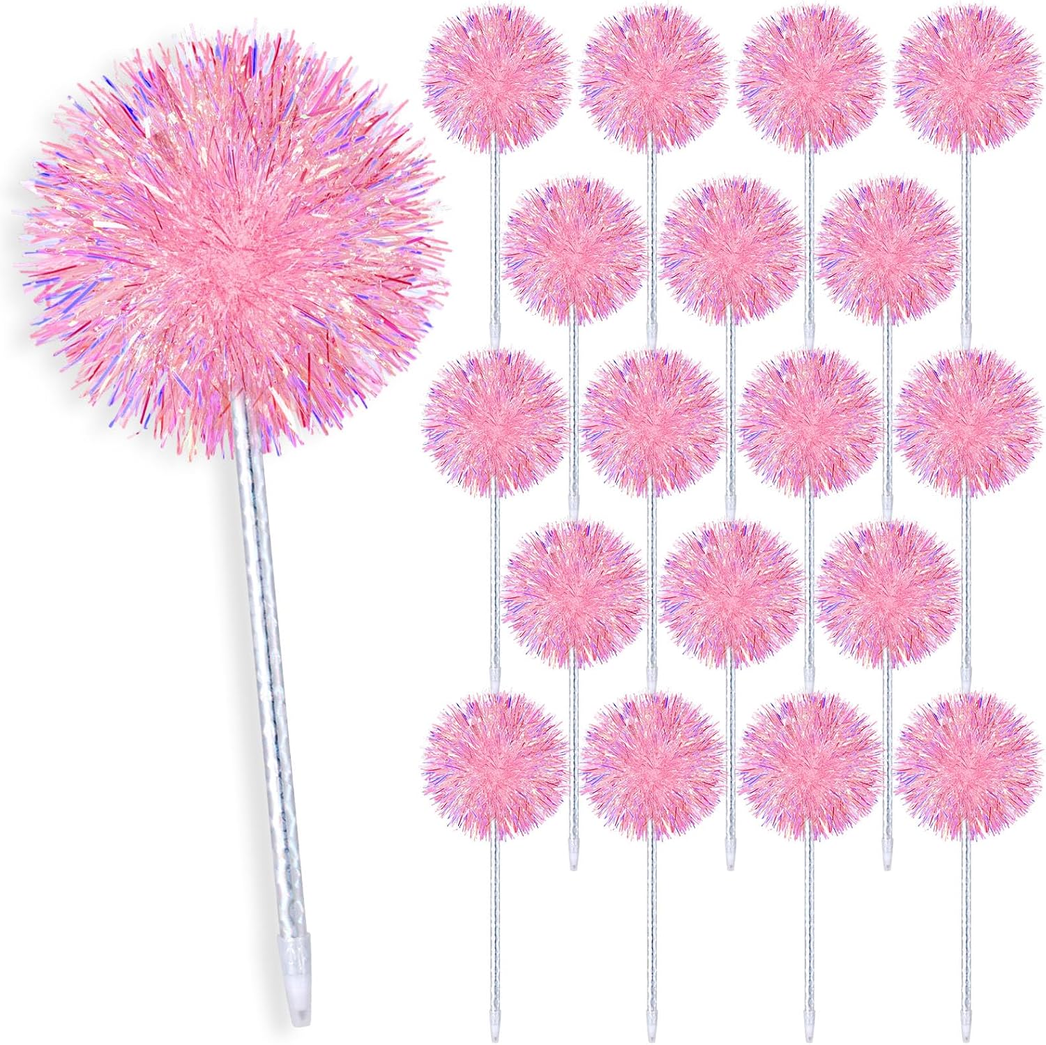 Booson 24 Pcs Pom Pom Ballpoint Pens Foil Firework Pens Pink Plastic Rollerball Pen Birthday Party Favor Glitter Tinsel Pen for Back to School Wedding Party Decorations Gift
