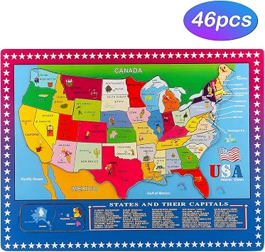 Wondertoys 46 Pieces Wooden USA Map Puzzle for Kids US Map Puzzle Educational Geography Puzzles United States Map Puzzle for Boy Girl