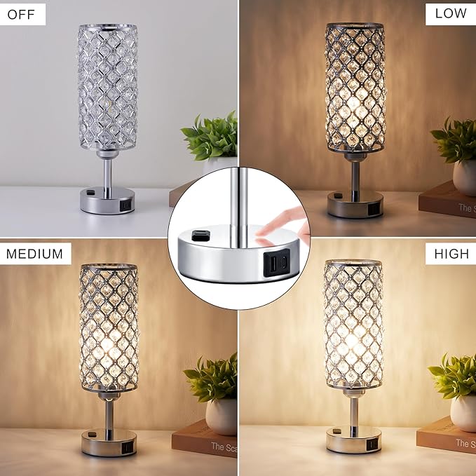 Hong-in Hong-in Crystal Lamp Touch Control Set of 2, Sliver Crystal Table Lamps with USB C+A Ports & AC Outlet, 3-Way Dimmable Nightstand Touch Lamp, Modern Bedside Table Lamp for Bedroom(Bulbs Included) photo 5