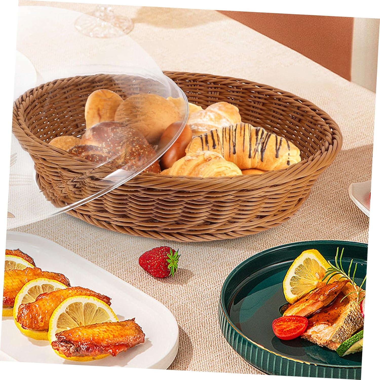 Mikinona Woven Bread Basket Lid Serving Tray for Food Fruit Snacks Cake Decorative Storage Basket Multi-functional