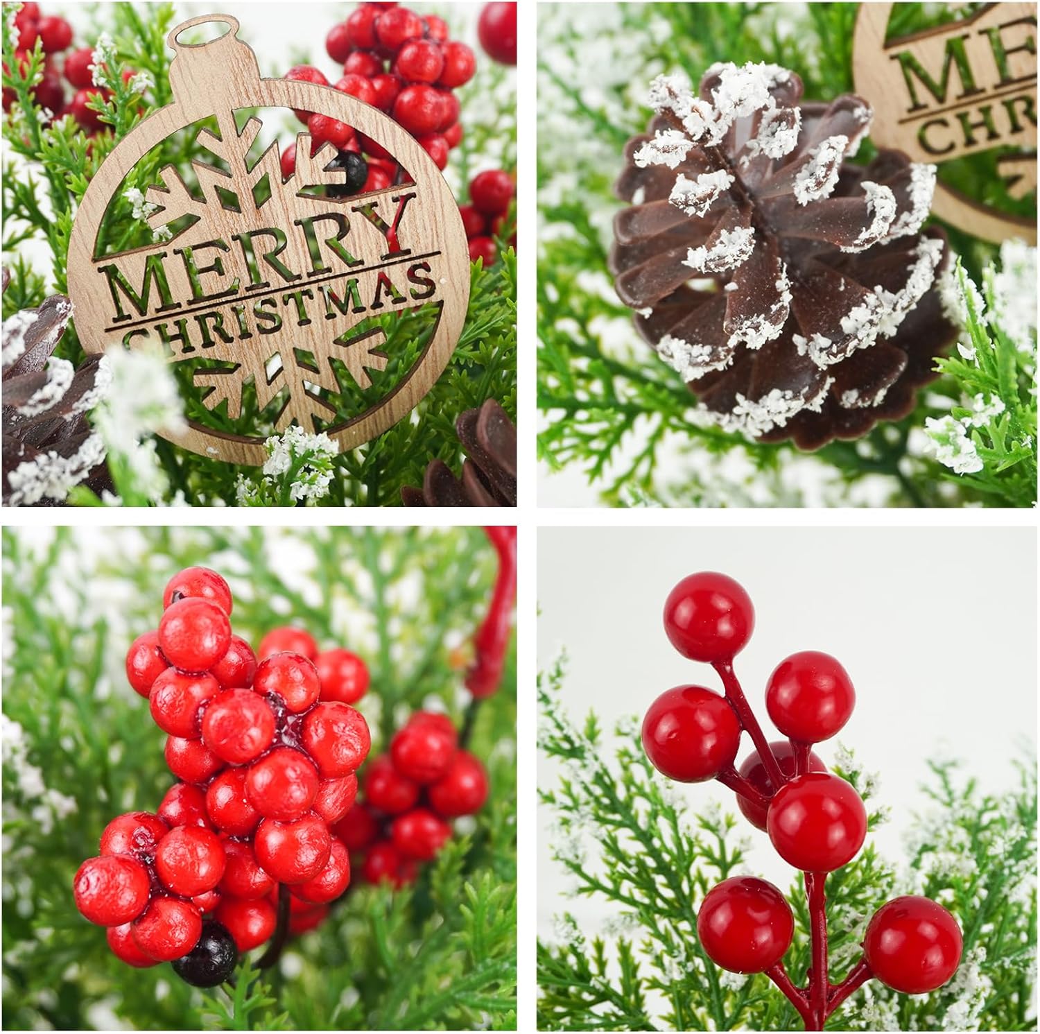 4Pcs Snowy Mini Christmas Tree, Flocked Small Tabletop Christmas Tree with Red Berries Pine Cones Artificial Potted Mini Xmas Tree for Home Table Holiday Christmas Ornaments Decorations