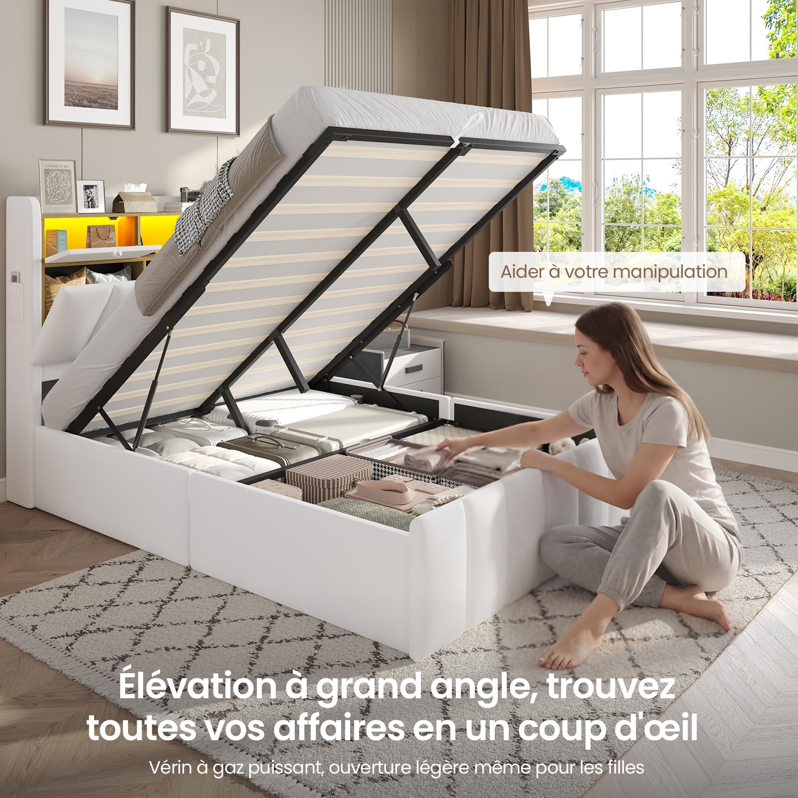 DICTAC Lit Coffre 140x190 Blanc avec Rangement – Lit Double à Levage Hydraulique, Éclairage LED, Prises USB/Type-C, Tête de lit Rembourrée avec Rangements – Sommier Inclus – pour Ado et Adulte, Blanc