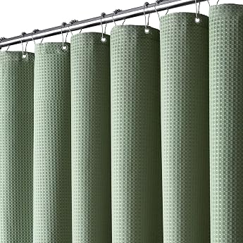 BTTN Shower Curtain Waffle Texture Waterproof 180 x 200 cm Green/Sage Green 12 plastic hooks laminated waterproof waffle structure anti-mould weighted hem washable textile fabric