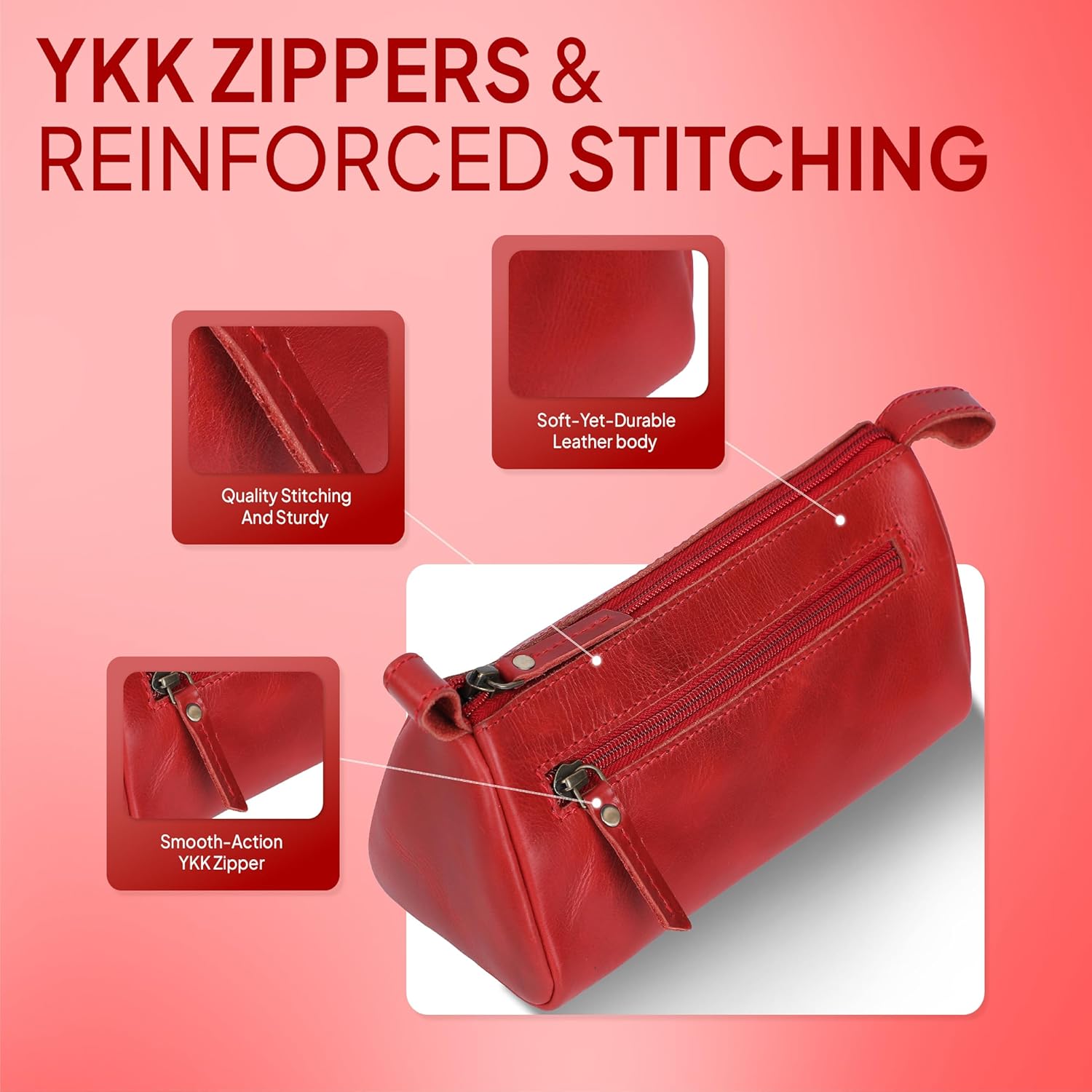 Leather Makeup Bag for Women – Genuine Leather Cosmetic Bag Travel, Handmade Zippered Makeup Pouch, Small Toiletry Bag, Shaving Kit & Stationery Organizer- Red - Image 8