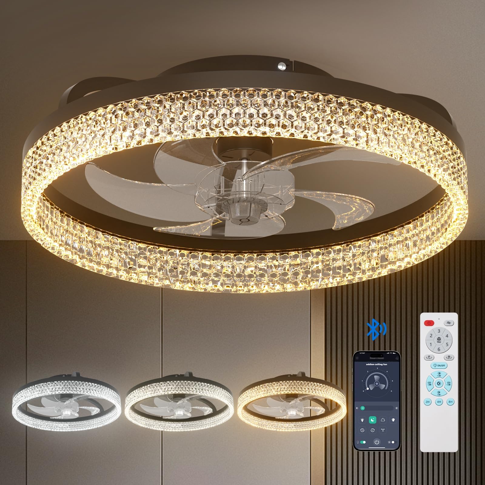 addlon Modern Ceiling Fans with Lights and Remote, Flush Mount, 20 Inch Bladeless Ceiling Fan, Low Profile Ceiling Fan, Reversible, 3CCT, Dimmable, Quiet, Ceiling Fans for Bedroom, Black