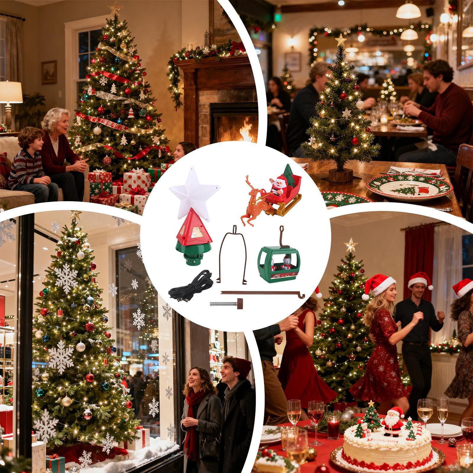 Árbol de Navidad giratorio que ilumina el líder de estrellas con base equilibrada y características musicales para adornos de árbol de Navidad LED de cubierta cíclica