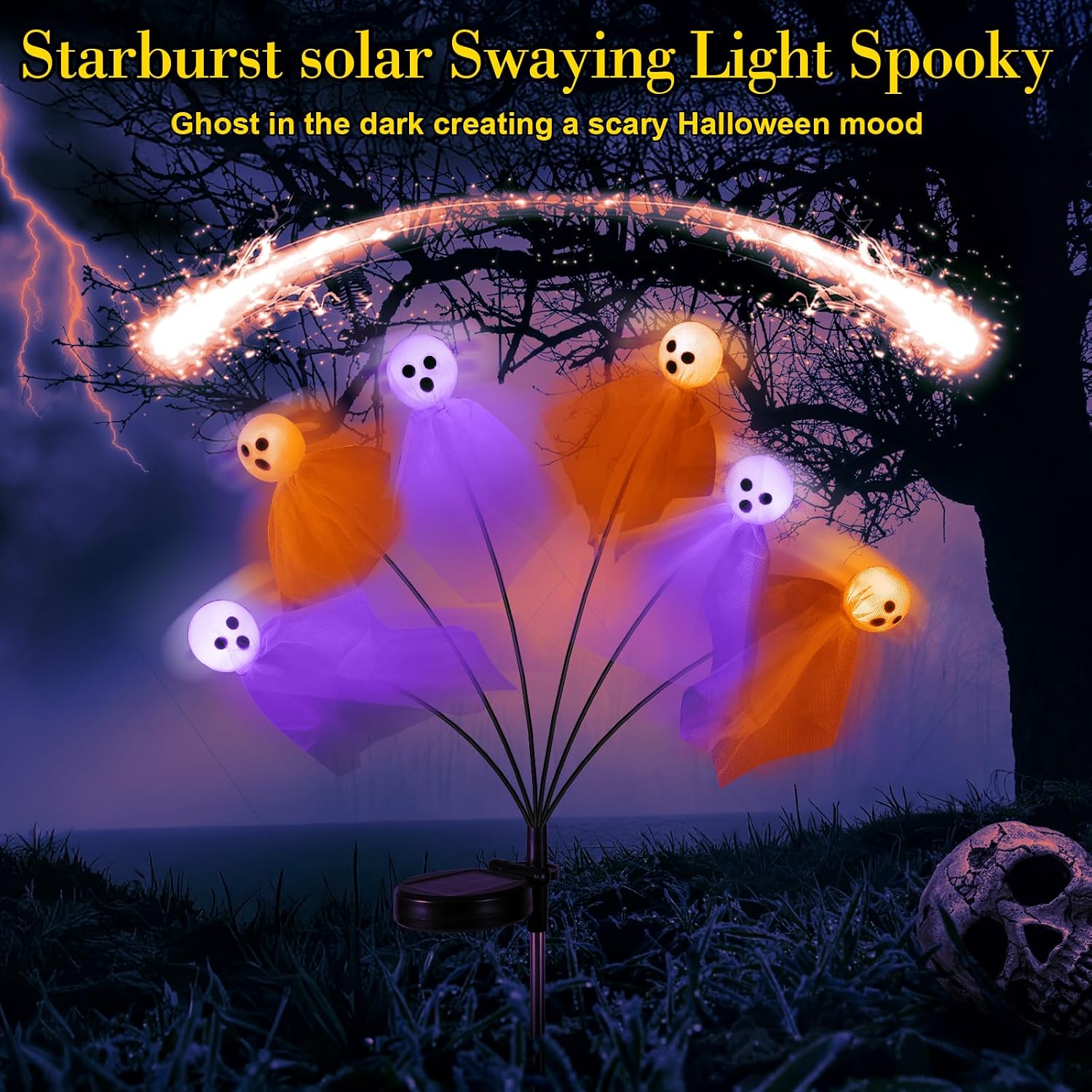 VIHOSE 6 Packs Halloween Solar Lights Outdoor 36 LED Solar Ghost Pathway Lights Waterproof Spooky Ghost Path Light Outdoor Halloween Decorations for Outside Garden Lawn Yard Decors (Purple Orange)