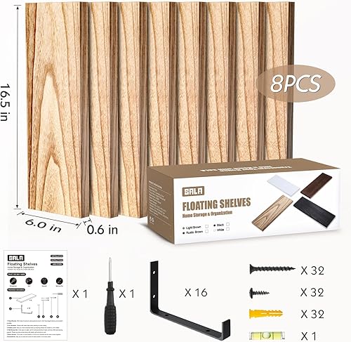 Miniatura 6 de SALA Estantes flotantes para decoración de pared, estantes de pared de 6 pulgadas de ancho, juego de 8 estantes de pared de madera marrón claro,