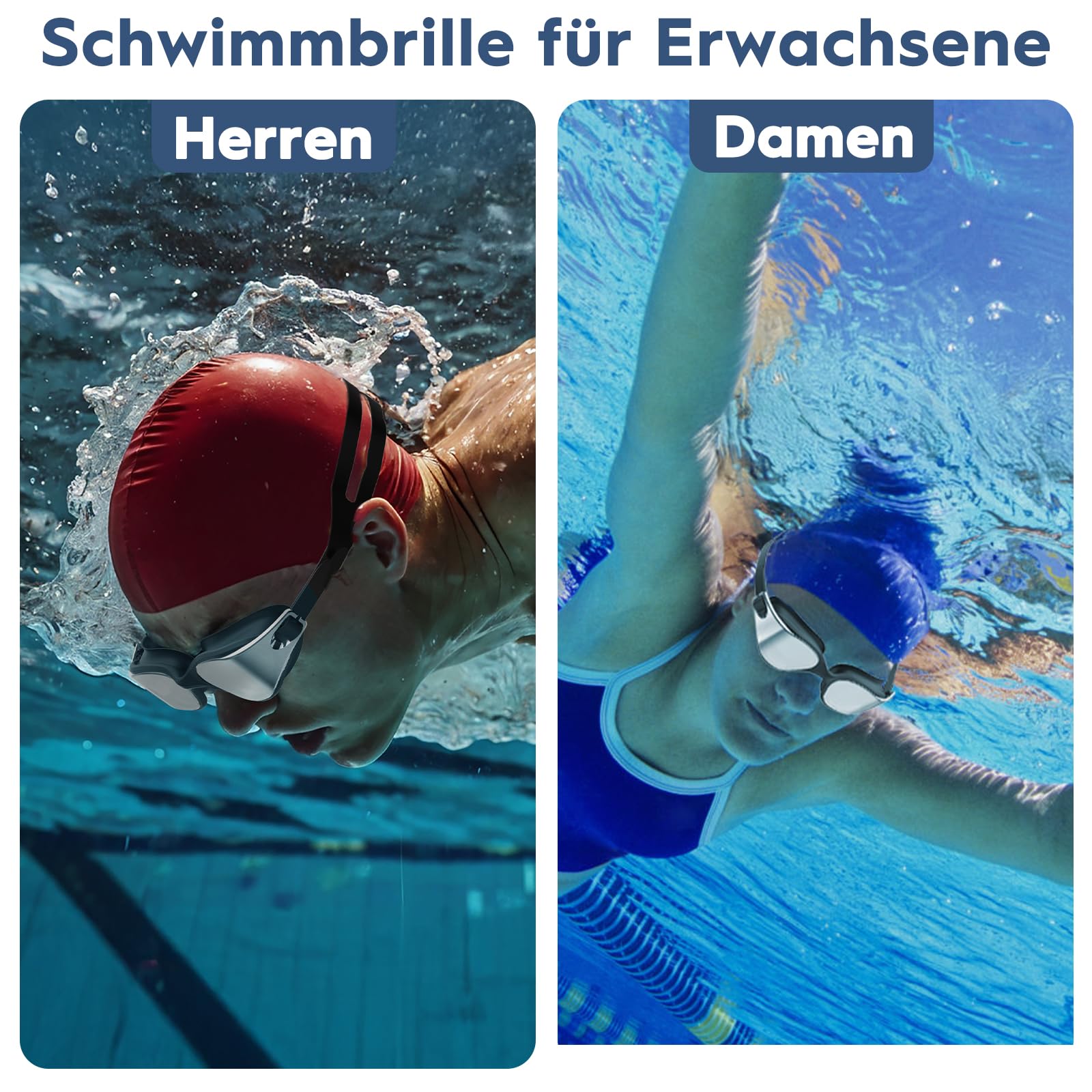 Polarisiert Schwimmbrille Herren Damen, UV-Schutz, Anti-Nebel, Verstellbarer Gurt, Komfortable Passform, Profi Schwimmbrille für Erwachsene und Jugendliche Mit Nasenklammer und Ohrstöpseln