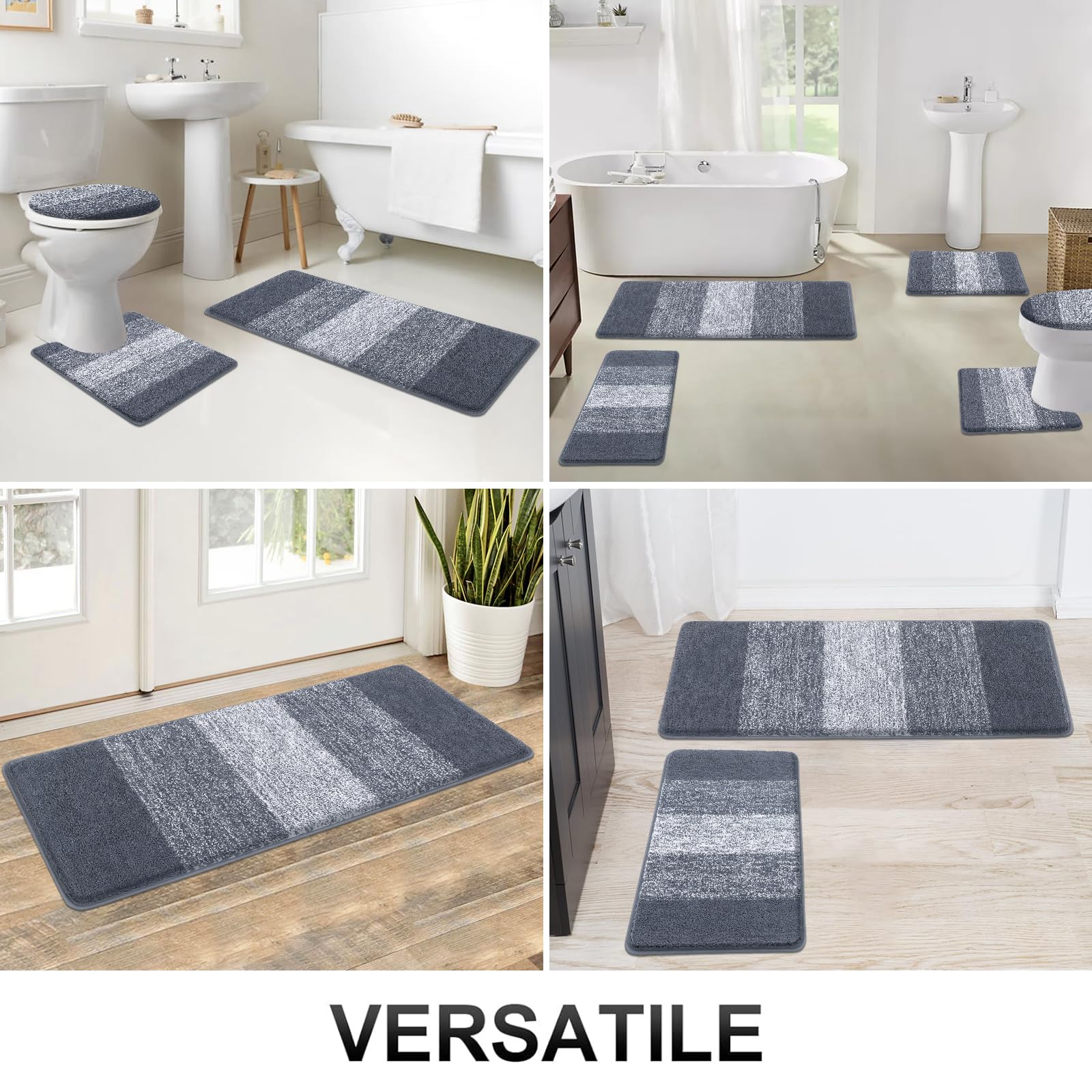 Bsmathom Badezimmerteppich-Set, 5-teilig, Plüsch-Mikrofaser-Badematte, Dunkelgrau | Extra wasserabsorbierender, rutschfester, waschbarer Läufer mit WC-Deckelbezug und U-förmiger WC-Vorleger