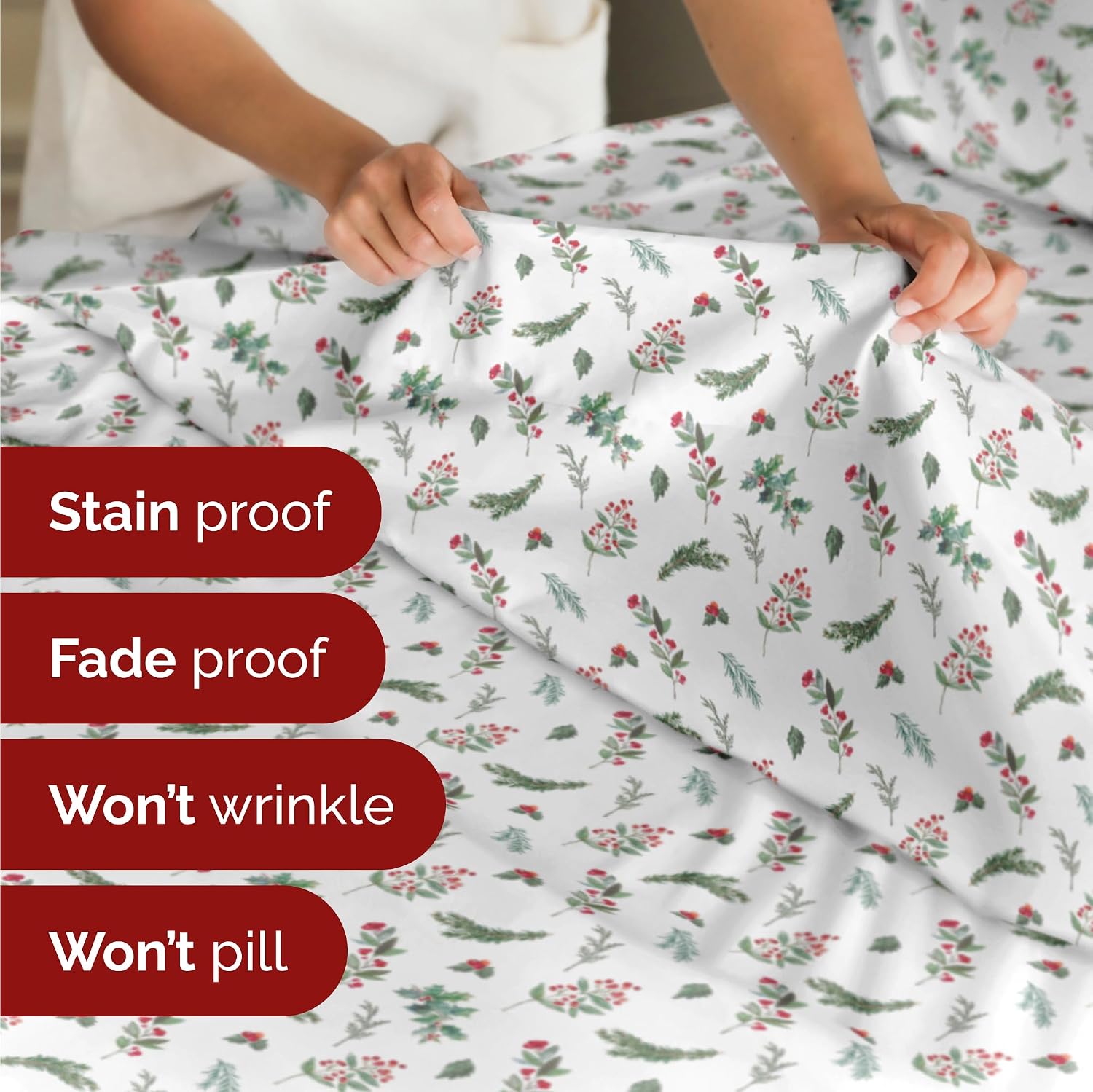 Queen Christmas Mistletoe Sheet Set - Holiday Xmas Pattern Bedding Set - Deep Pockets - Snug Fit - 4 Piece - Wrinkle Free - Comfy & Cooling Festive Winter - Holiday Sheets for Women, Men, Kids & Teens