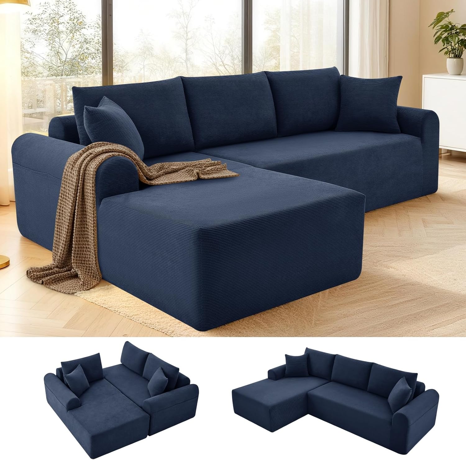 Modular Sectional Sofa with Chaise, Cloud Sectional Couch with Deep Seat, Modular L-Shape Sofa Corduroy Boneless Couch for Living Room,Bedroom,No Assembly Required(Navy Blue, Left Facing Chaise)