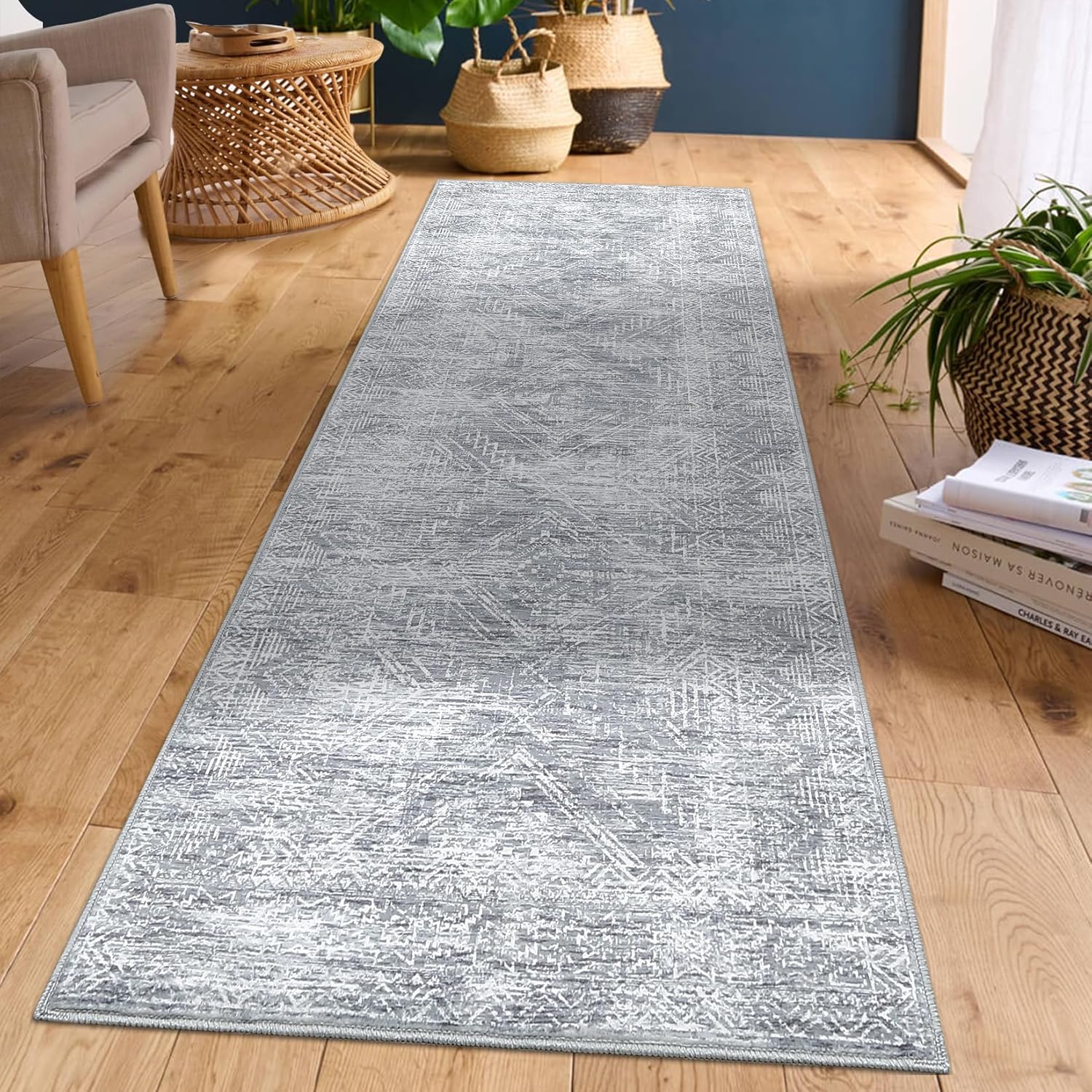Runner Rugs for Hallway 2x6 Rug Runner Washable Kitchen Rugs Non Slip Vintage Rug Farmhouse Soft Hallway Runner Tribal Low Pile Rugs for Living Room Bedroom Decor Nursery Rug Light Grey