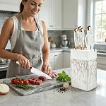 Knife Set, 7-Piece Kitchen Knife Set for Chef, Sharp Knife Set with Knife Block & Built-in Sharpener, Anti-Rust Knife Block Set, Marble Textured Premium PP Material (Not Wood), (White)