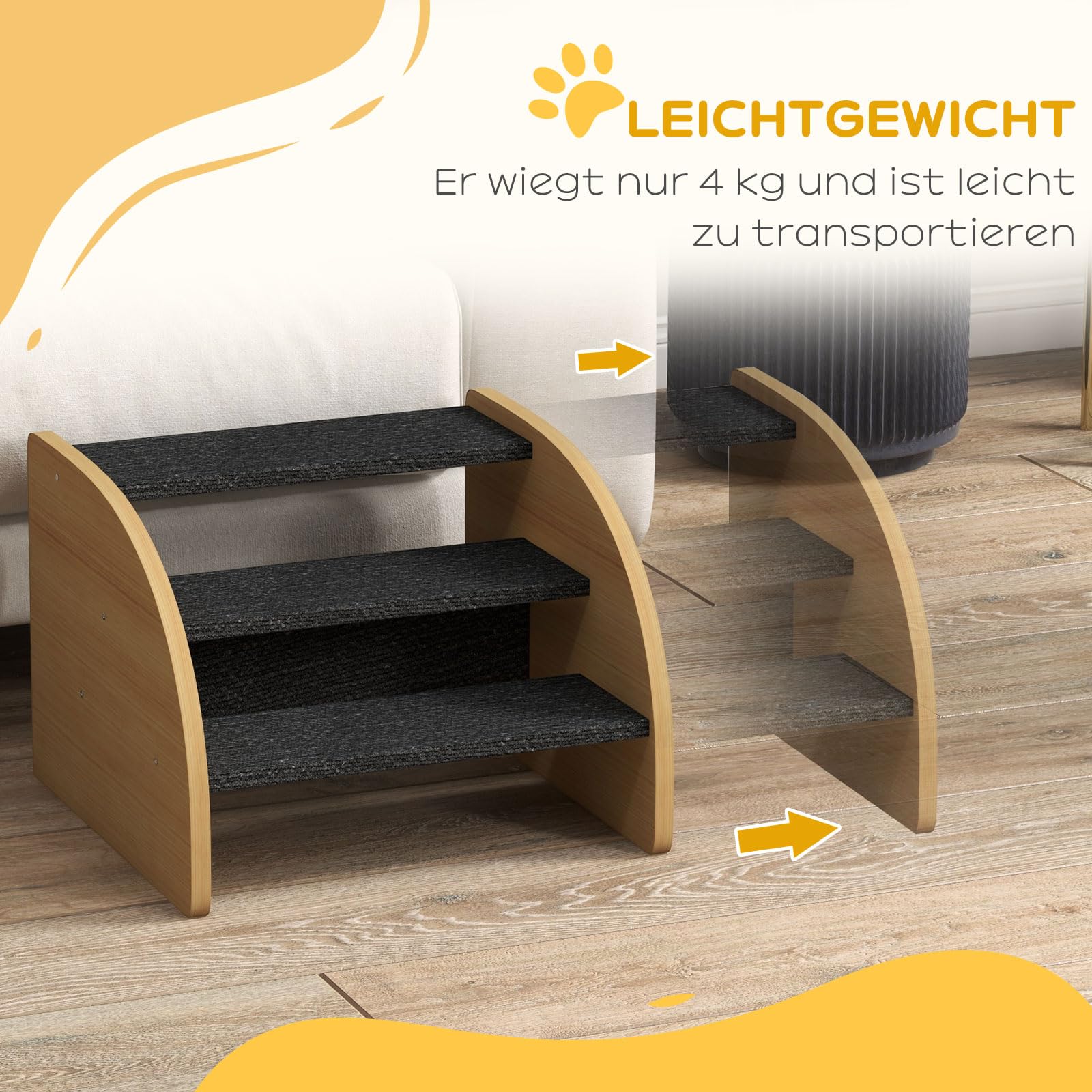 PawHut Gradini 3 gradini per divano e letto, pannelli laterali quercia | Scale leggere per animali, piedi antiscivolo per cuccioli piccoli, facile montaggio
