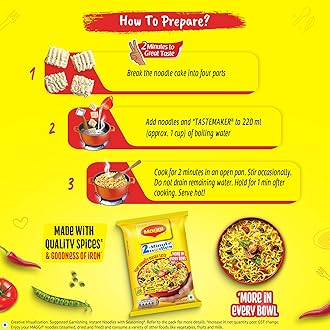 MAGGI 2-Minute Instant Noodles, Masala Noodles With Goodness Of Iron, Made With Choicest Quality Spices, Favourite Masala Taste, 70g/75g Pouch (weight may vary)