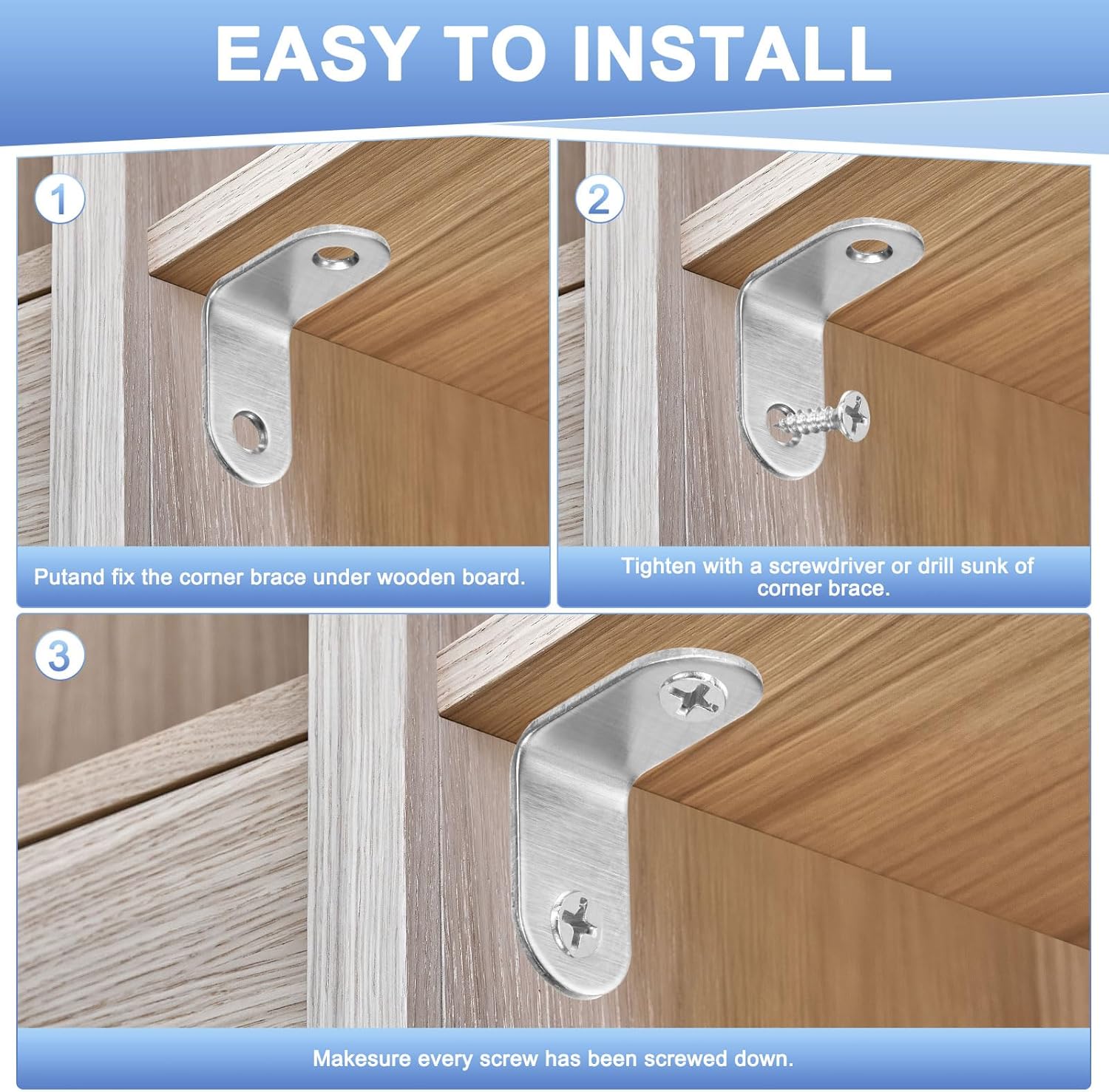 M METERXITY 8-Pack L Bracket Corner Brace, 4.93 x 2.96 x 0.75 Inch Stainless Steel 90 Degree Right Angle Brackets with Screws for Wood Furniture/Shelves/Tables/Dressers/Drawer Cabinet [Silver]