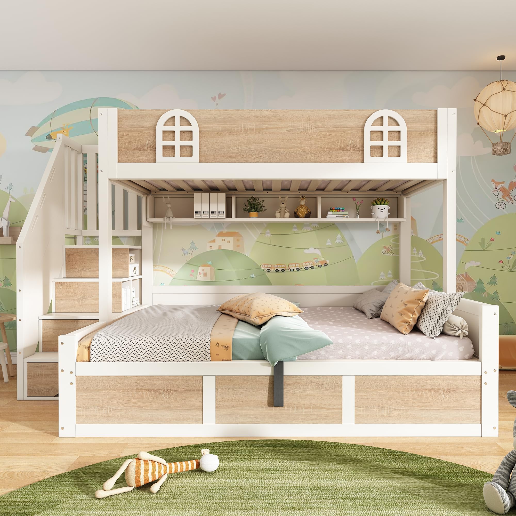 Lit Superposé 90x200 avec Armoire Intégrée Lit Rangement Structure en Bois Sommier avec Angles Arrondis avec Relevage Hydraulique avec Barrière de Sécurité avec Échelle Invités