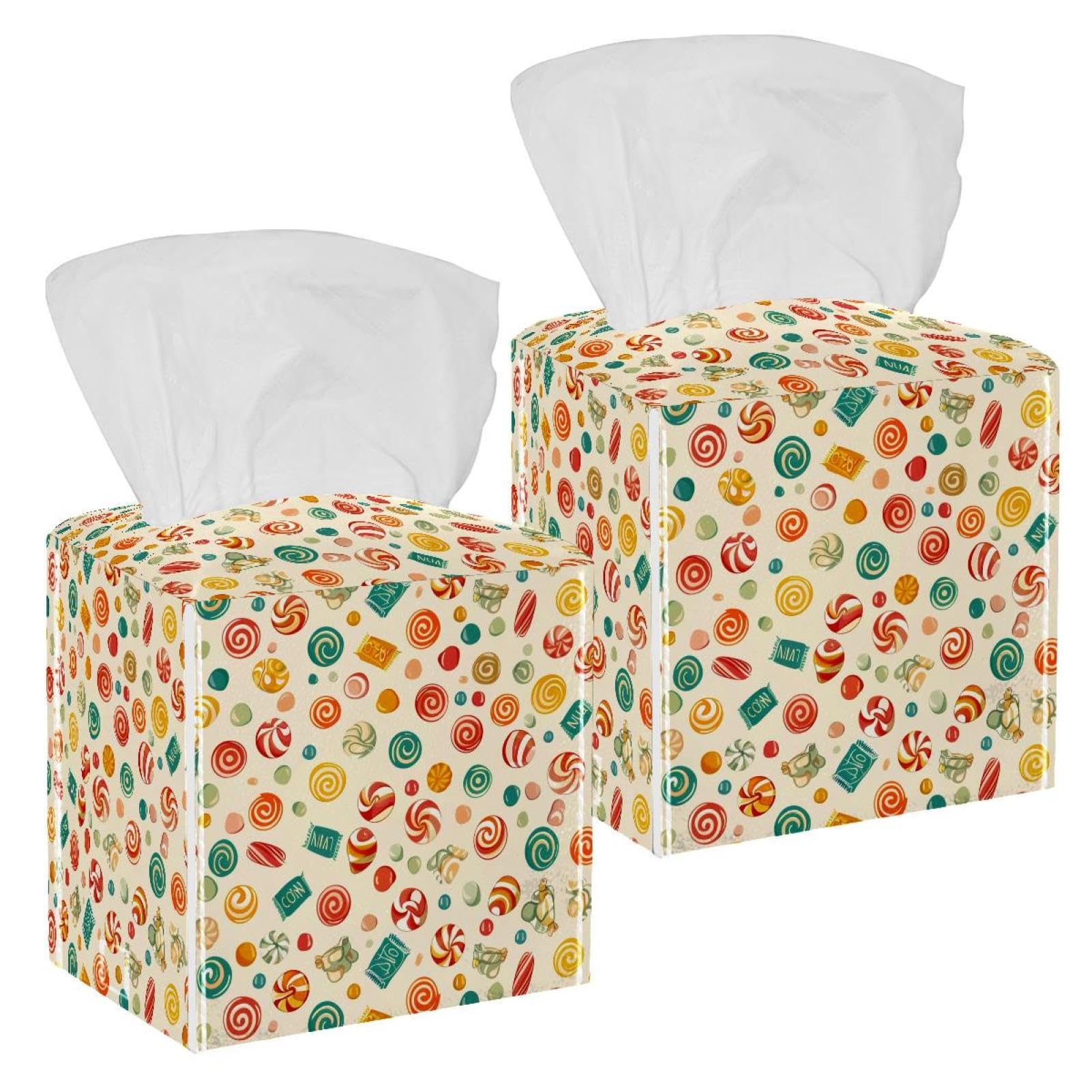 Cartoon Candy Tissue Box Cover, 2 Pack PU Leather Square Facial Tissue Dispenser Box holder for Home Office Car
