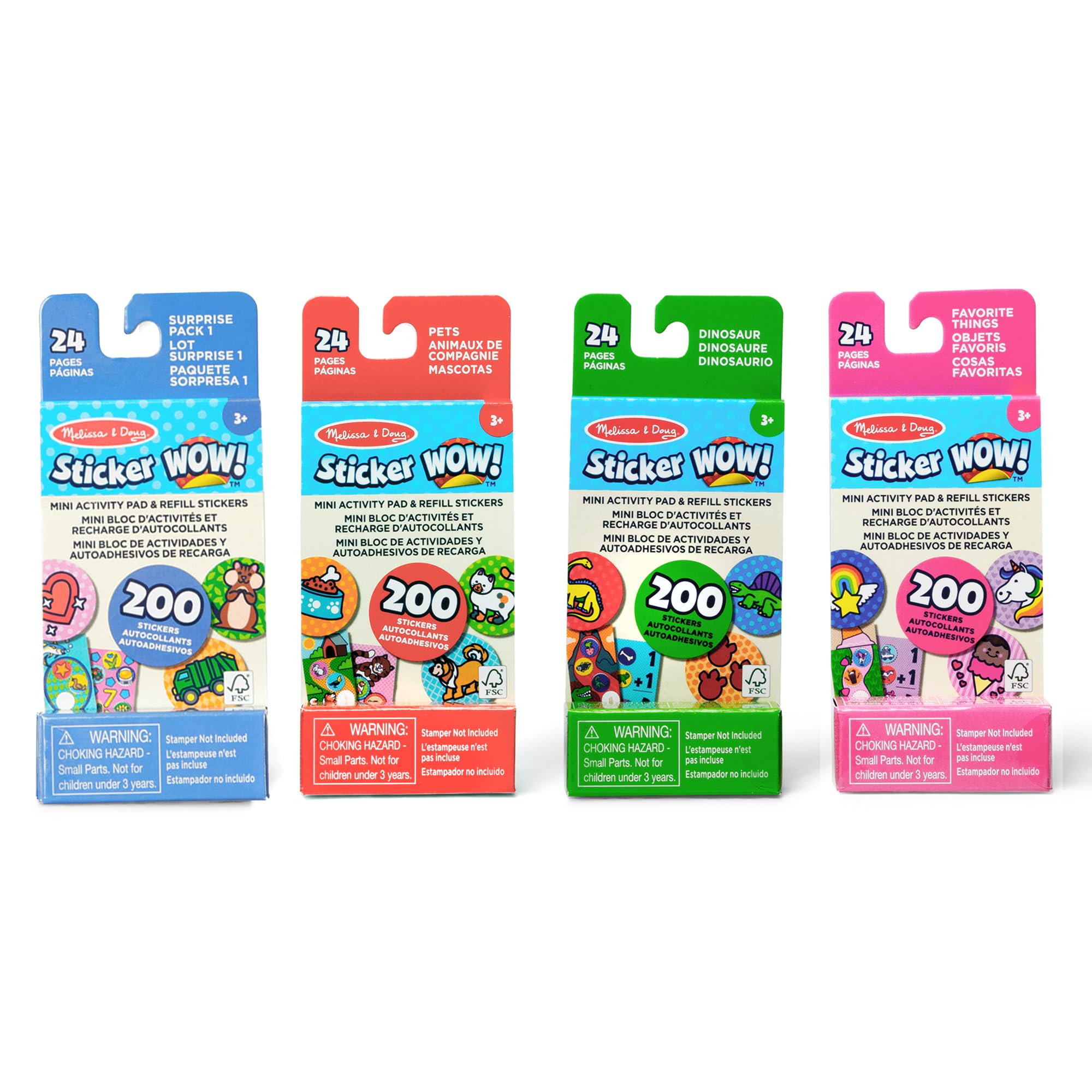 Melissa & Doug Sticker WOW! Mini Activity Pad & Refill Stickers 4-Pk: Dino, Pets, Favorite Things, Surprise Pack β 200 Stickers Each (800 Total) for Any Sticker Stamper (Not Included)