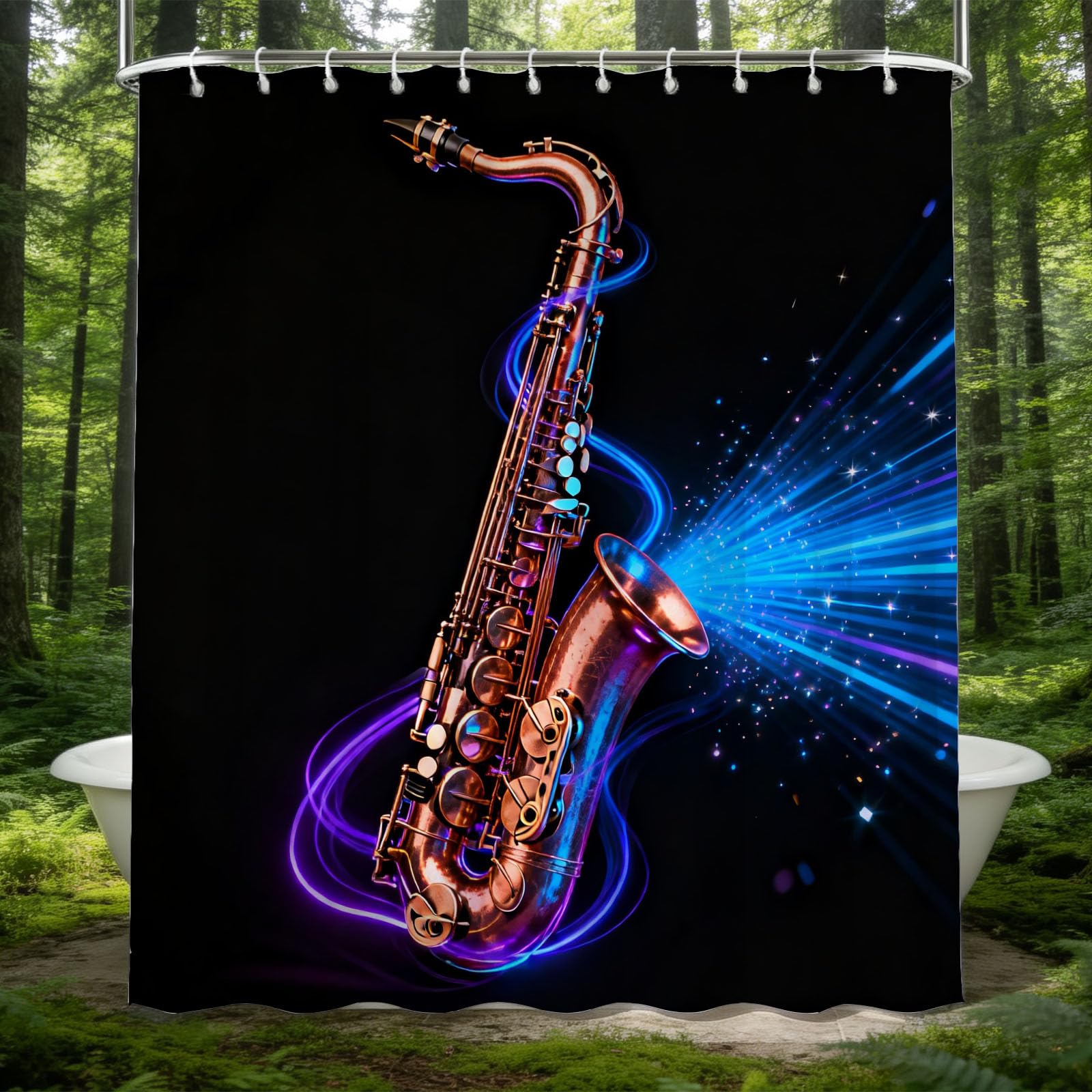 Hongduo White 3D Saxophone Shower Curtain For Stalls Bathtubs Music Instrument Bathroom Decor Shower Curtain Set Polyester Fabric Waterproof 200X200cm/79X79 Inch With Hooks