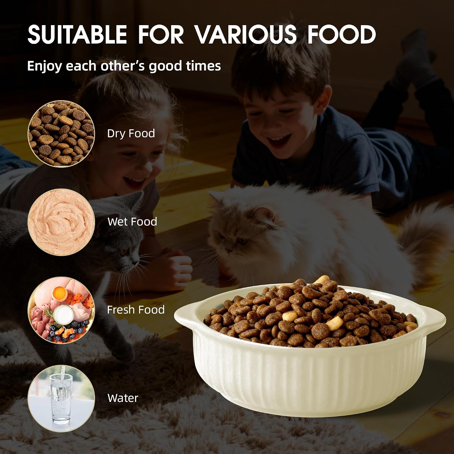 Cat Food Bowl with Handle, 6 inch Ceramic Cat Food and Water Feeder Set, Modern Vertical Texture Design, Kitten Bowls for Indoor Cats and Small Dogs, Microwave Dishwasher Safe, Beige- 2 Pack
