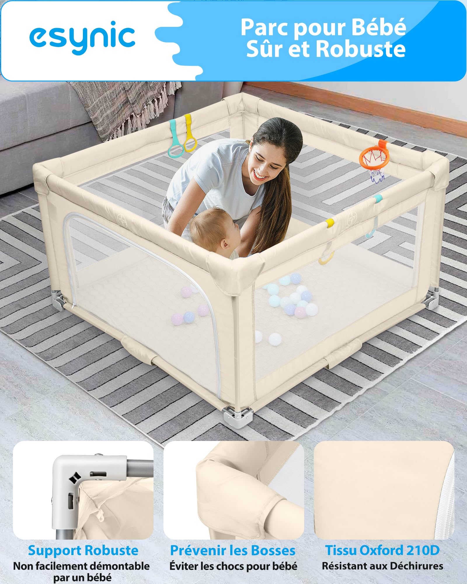 eSynic Parc Bébé Pliable 127 × 127 cm avec Tapis Sac de Rangement Balle Océanique Panier de Basket Parc de Jeux Bébé Portable Usage Intérieur et Extérieur Maille Respirante Tissu Oxford 210D -Beige
