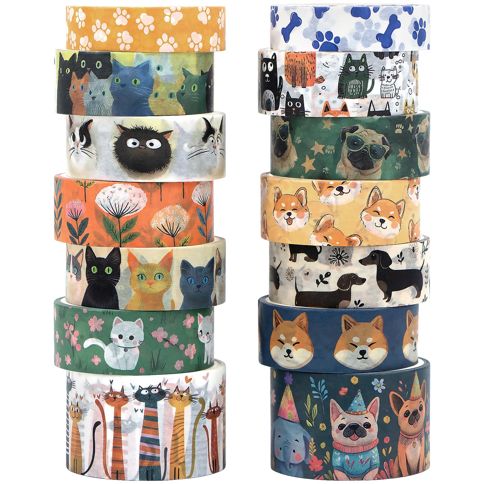 KOVANO Washi Tape Set 14 Rolls, Cute Animal Decorative Tape, Cats Puppies Pugs Designs Washi Tapes for Scrapbooking Supplies, Journaling Supplies,