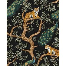 Black Vintage Peacock Tiger Peel and Stick Wallpaper 17.5" x 118"