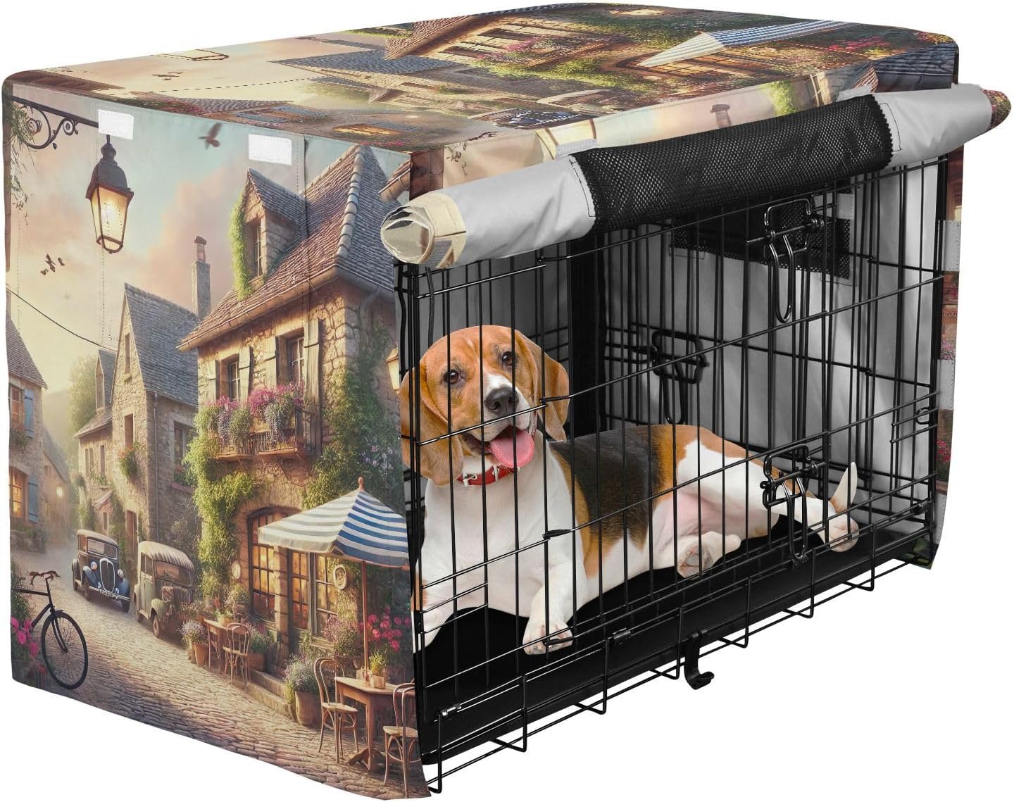 Rustic Village Street Dog Crate Cover Wind-Resistant, S-XL Breathable Covers for Pet Cages, X-Large