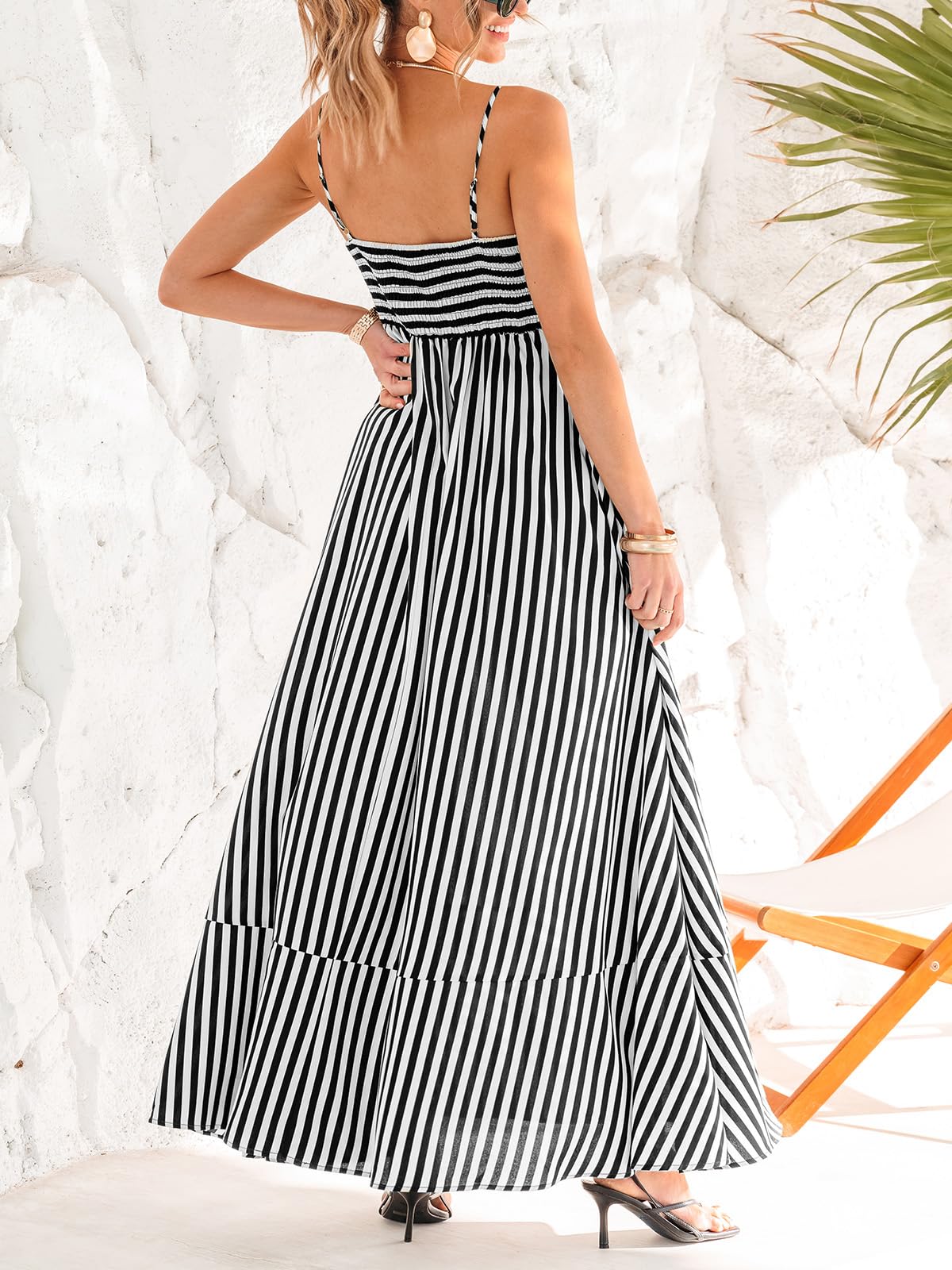 CUPSHE Vestido largo de verano para mujer, casual, sin mangas, cuello cuadrado, a rayas, con bolsillos