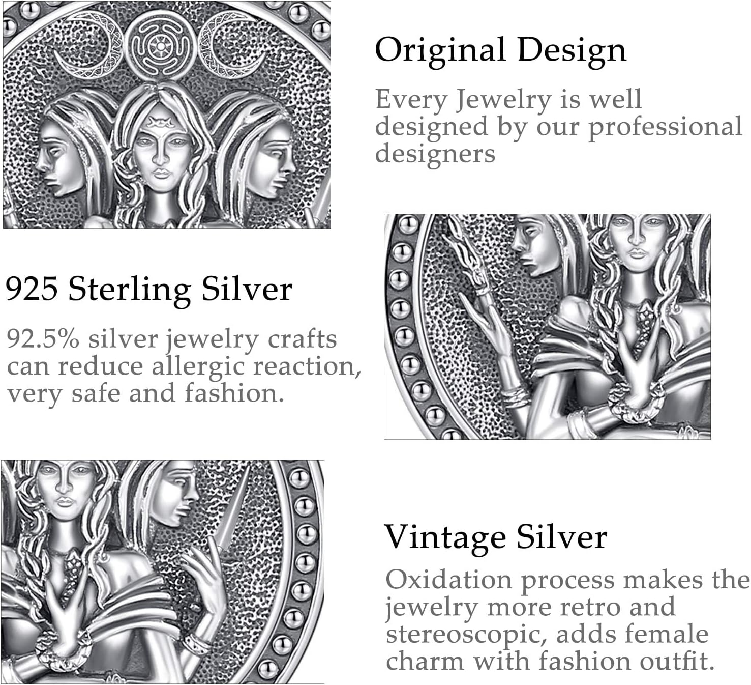 Vito Wiccan and Greek Goddess Necklace for Women Men, 925 Sterling Silver Lilith/Triple Moon/Earth Mother/Chaos Star/Witches Knot/Nyx Goddsess Pendant, Witchcraft Withc Jewelry Gift, 20"/24" - Image 8