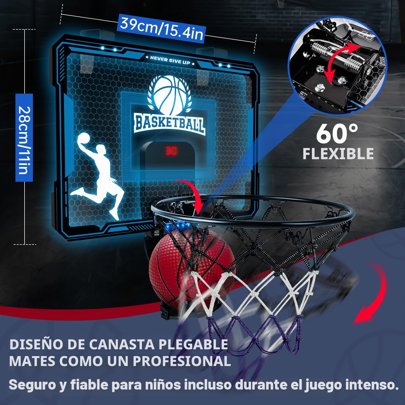 BuzzoXerex Canasta Baloncesto Infantil de Interior, Mini Canasta Baloncesto Habitacion Pared con Mandos a Distancia, Puntuación Automática, 7 Colores LED, Basketball Hoop Regalos para Niños Niñas