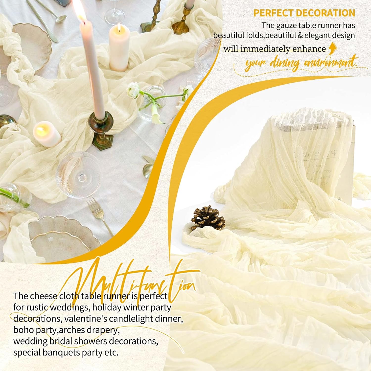 18 Pack Cheesecloth Table Runner 10FT Beige Table Runner Boho Gauze Cheese Cloth Table Runners Long Rustic Sheer Table Decorations for Wedding Party Baby Bridal Shower Birthday Holiday Home