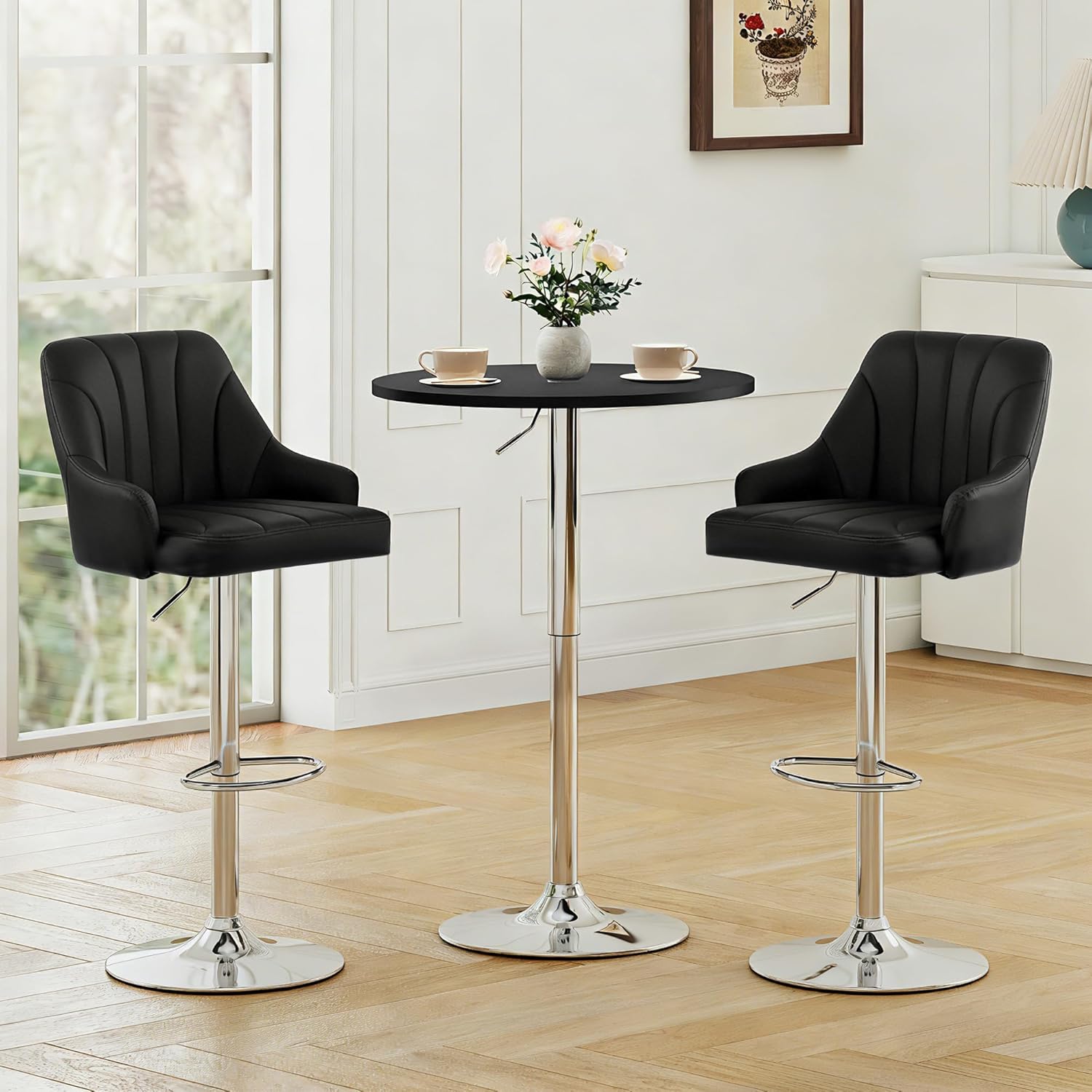 LSSPAID Bar Stools Set of 2, Adjustable Counter Height Swivel Barstools with Back & Arms, Industrial Style Bar Chairs with Metal Base for Kitchen Counter Cafe Dining Room, Black