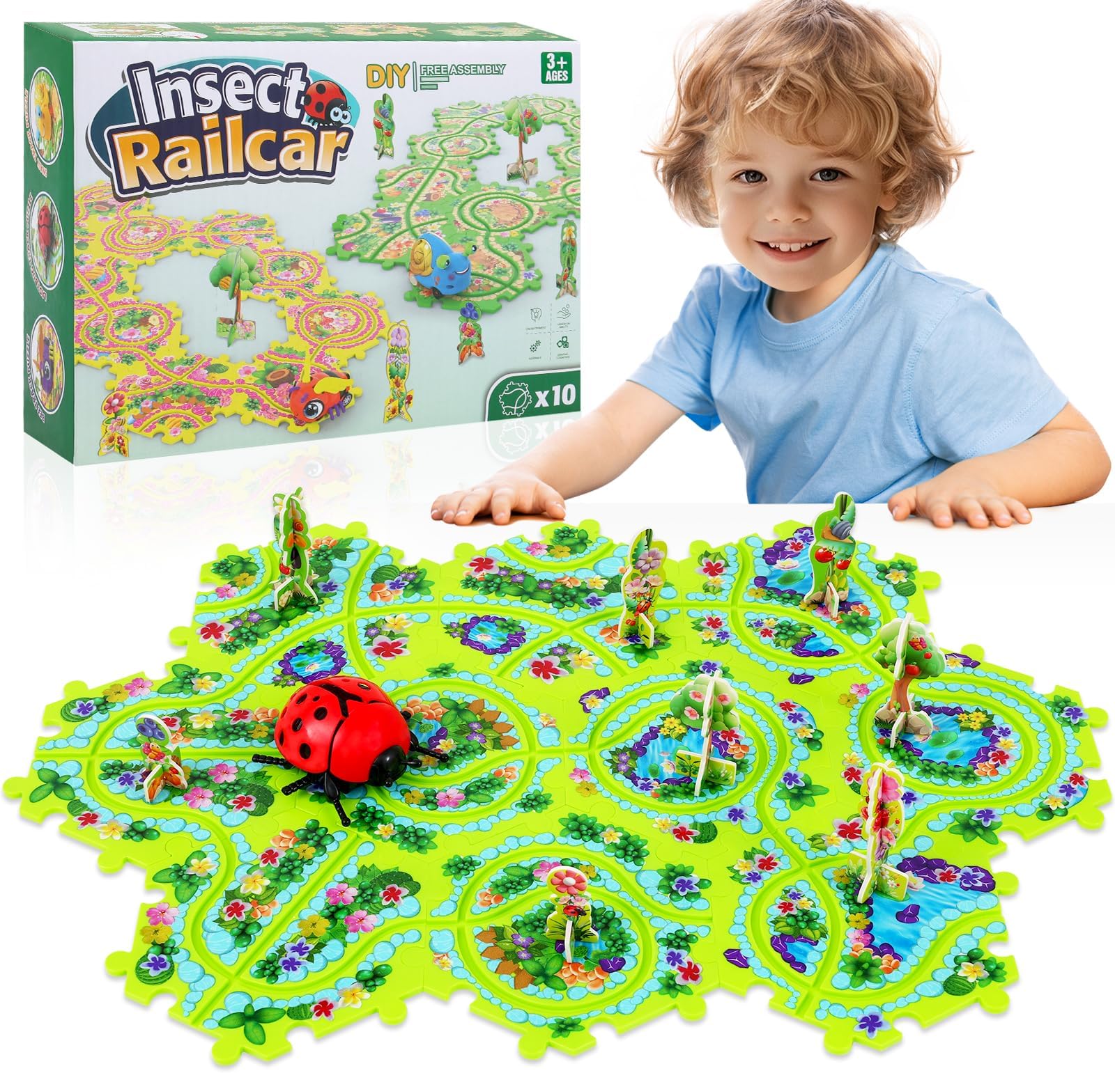 10Pcs Puzzle Racer Kids Car Track Set, Cars Toys for Toddlers, Puzzle Track Car Play Set, Race Tracks for Kids Ages 4-8, Educational Toys for 3 4 5 Year Old Boys (Ladybug)