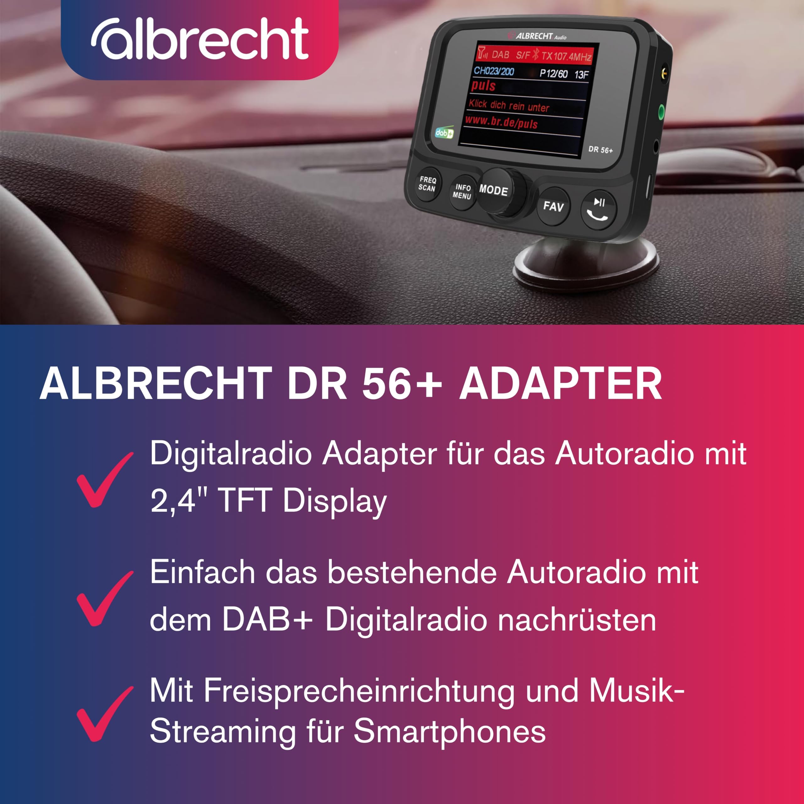 Albrecht DR 56+ DAB+ Adapter zum Aufrüsten von Auto-Radios mit TFT Display, 27256, mit FM-Transmitter für Musik-Streaming über das Handy, schwarz