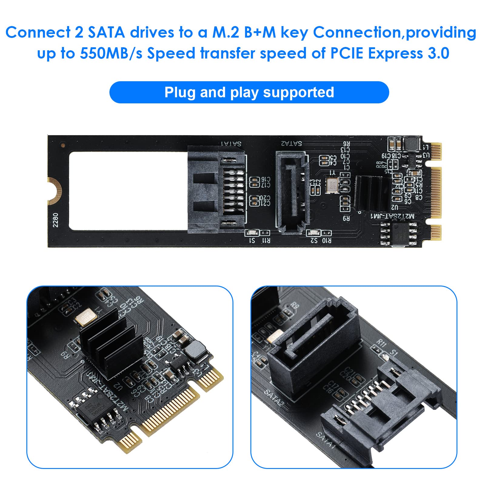 MZHOU 2 SATA Port NGFF(M.2) B+M Key Port Interface Adapter Card Supports Windows Linux Support NGFF (M.2) 2280