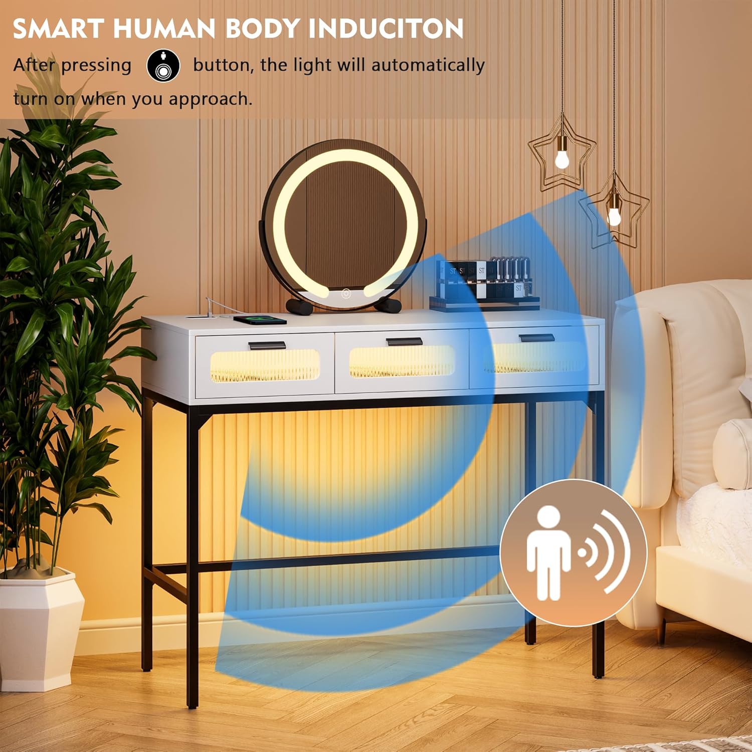 Gurexl 3 in 1 Vanity Desk with Lights and Mirror,LED Makeup Vanity Set with 2 AC Outlets & USB-C,Tall Dressing Table with Flip-up Mirror,Jewelry Box,Cushioned Tool,2 Drawer,White
