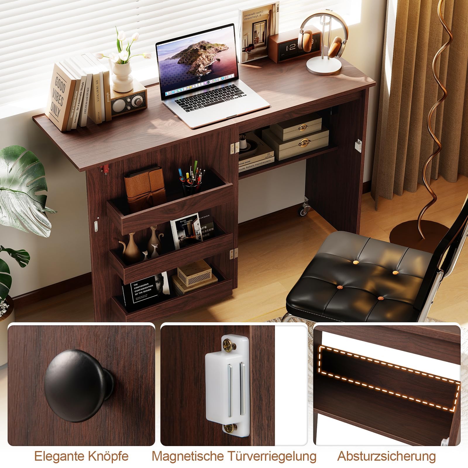 FANTASK Nähmaschinenschrank klappbar mit Ladestation, Nähschrank, Nähtisch aus Holz mit Regalen, 2 in 1 Nähmaschinentisch mit abschließbaren Rädern, Basteltisc für Schlafzimmer & Wohnzimmer (Kaffee)