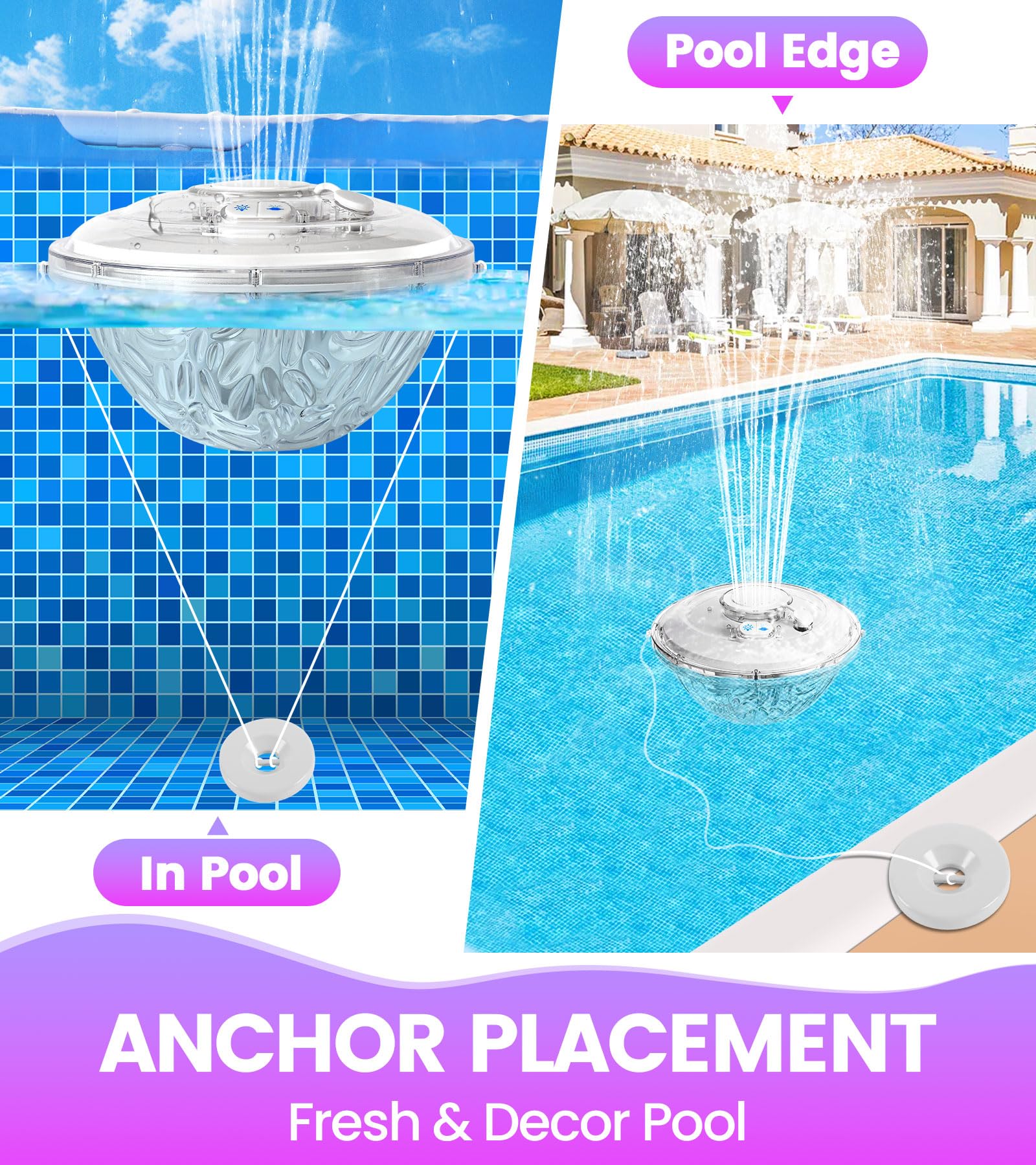 ChlorBlu Fontana Galleggiante per Piscina con Luci Subacquee LED, 6 Modalità, Pulsanti