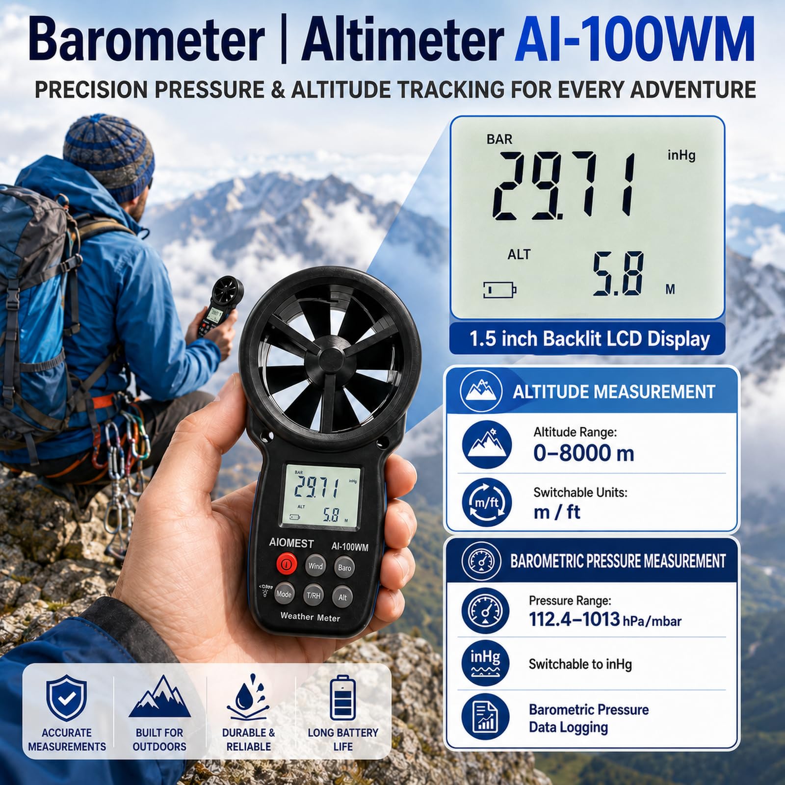 Anémomètre Numérique avec Baromètre Altimètre, AIOMEST Station Météo 100WM
