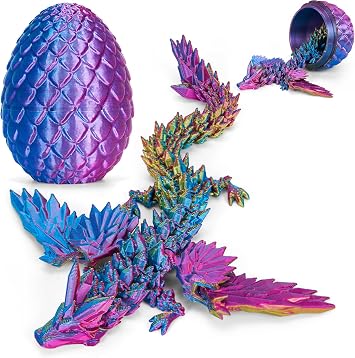 Prefilled Easter Eggs with3D Printed Dragon with Wings and Egg, 8" 3D Articulated Crystal Winged Dragon Egg, Surprise Animals Figurines Fidget Dragon Toys for Boys Kids Teen Purple
